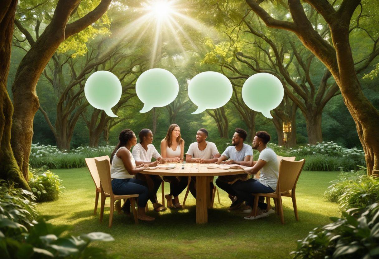 A serene and inviting scene showcasing diverse individuals engaged in sexual wellness activities, surrounded by symbols of insurance such as shields and heart icons. The background features calming nature elements like soft foliage and gentle light, representing safety and support. Highlight elements of communication, such as speech bubbles, to convey openness about wellness. Illustrate a balance between care and professionalism in the insurance field. super-realistic. vibrant colors. soft lighting.