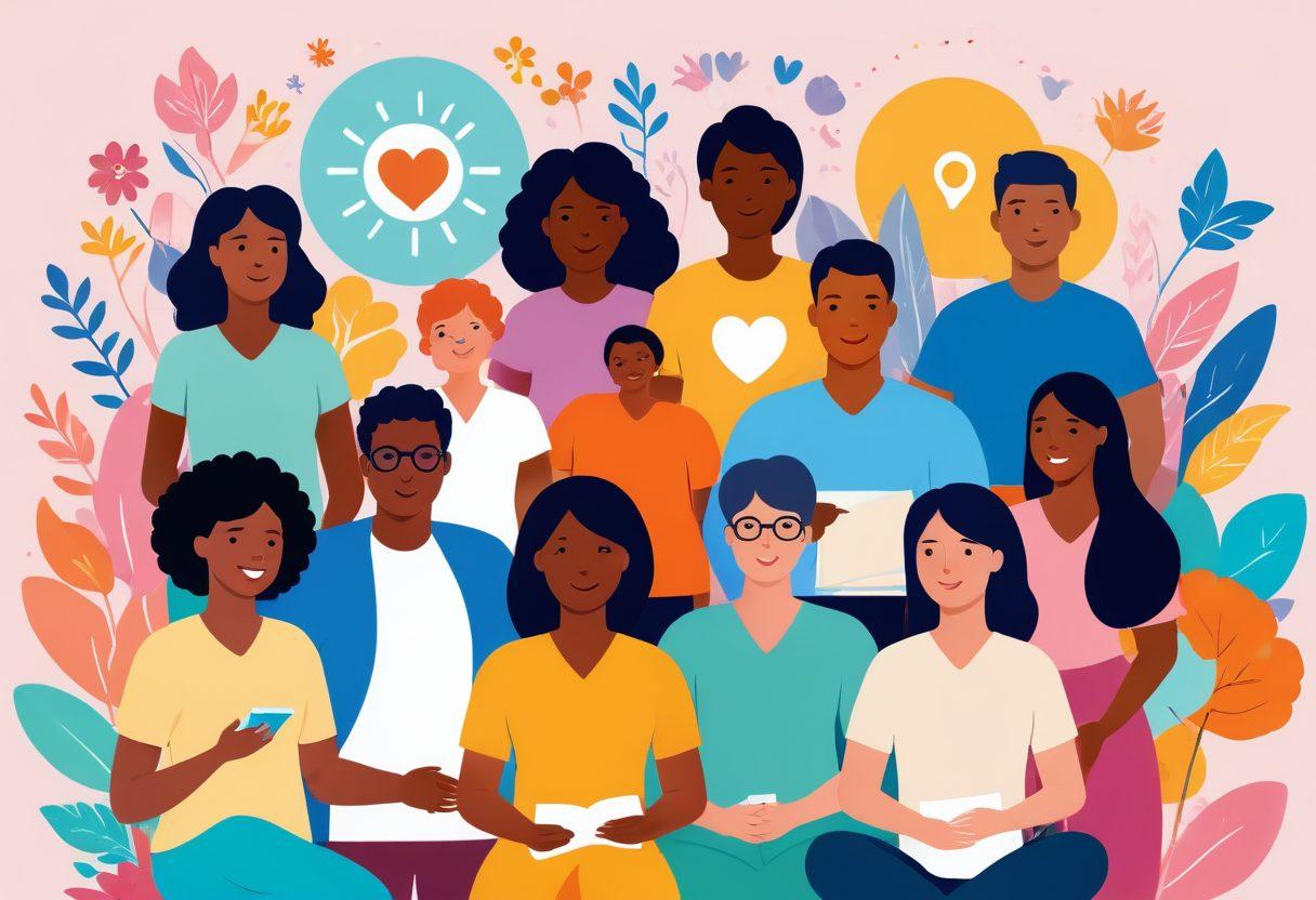 A vibrant illustration depicting a diverse group of adults engaging in activities related to health and sexual wellness, surrounded by icons of insurance symbols like shields and contracts. The background should feature a comforting and inclusive space, with soothing colors that convey a sense of safety and support. The scene may include a health professional offering guidance in a friendly manner. cartoon style. bright and engaging colors.